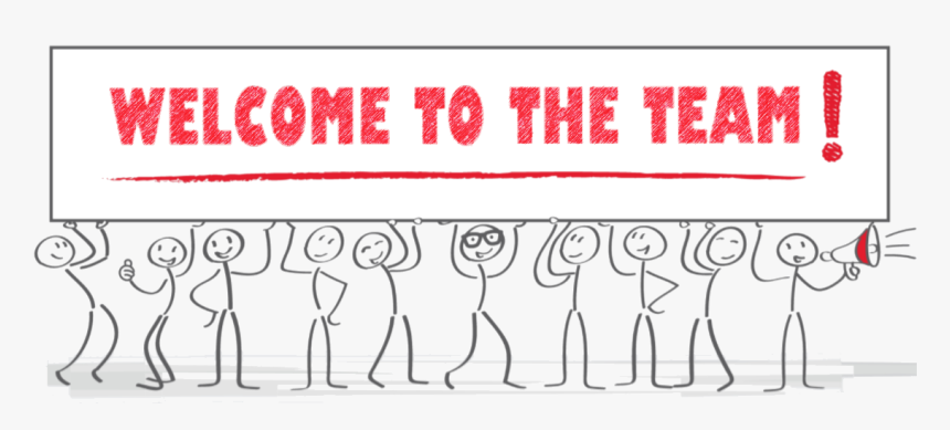 decorative drawing of stick figures holding a sign that reads welcome to our team
